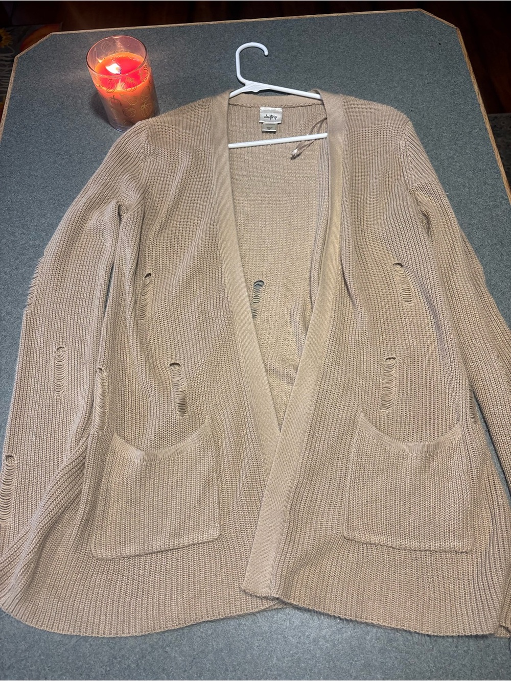 Daytrip Beige Open-Front Distressed Knit Cardigan
